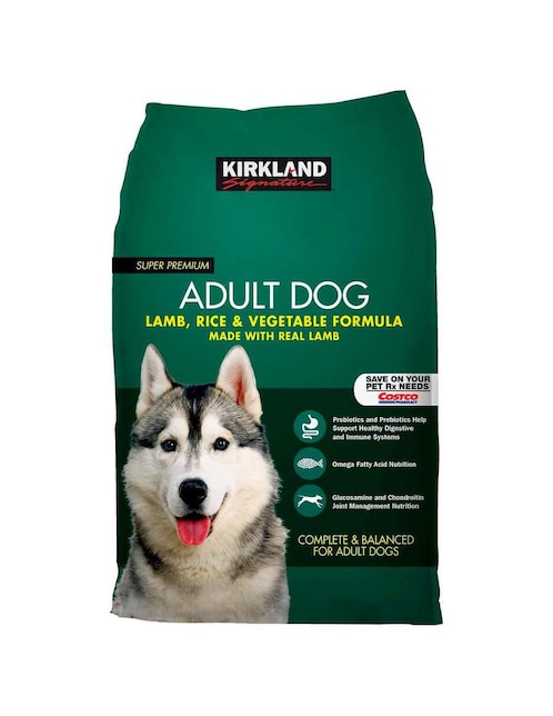 Croqueta Kirkland Signature de cordero y arroz para perro etapa adulto contenido 18 kg