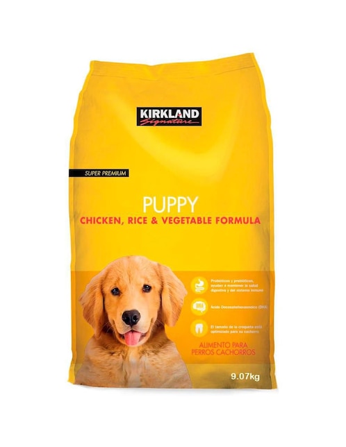 Croqueta Kirkland Signature de pollo y arroz para perro etapacachorro contenido 9 kg