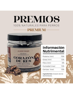 Calmante para mascota Aussie Prime de carne para perro contenido Premios de Corazon de Res Deshidratado 250 g